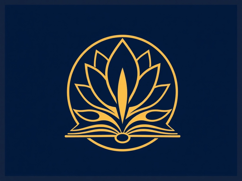 A stylized combination of a lotus flower and an open book, forming a circular logo, clean silhouette, deep indigo and gold colors, minimalist design.
